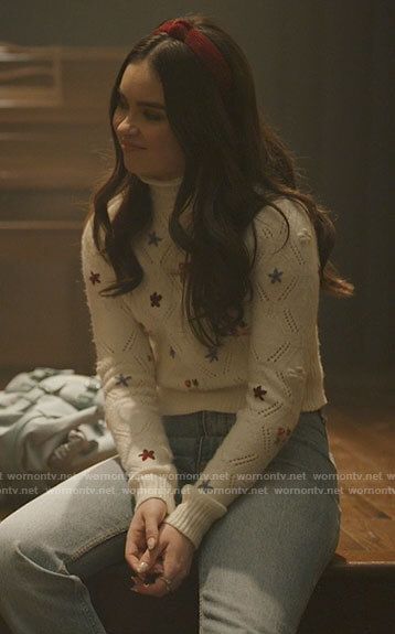 Bella’s white flower embroidery sweater on The Republic of Sarah