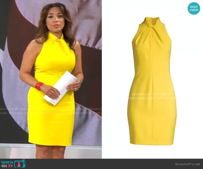 Black Halo Zana Sheath in Yellow worn by Michelle Miller on CBS Mornings