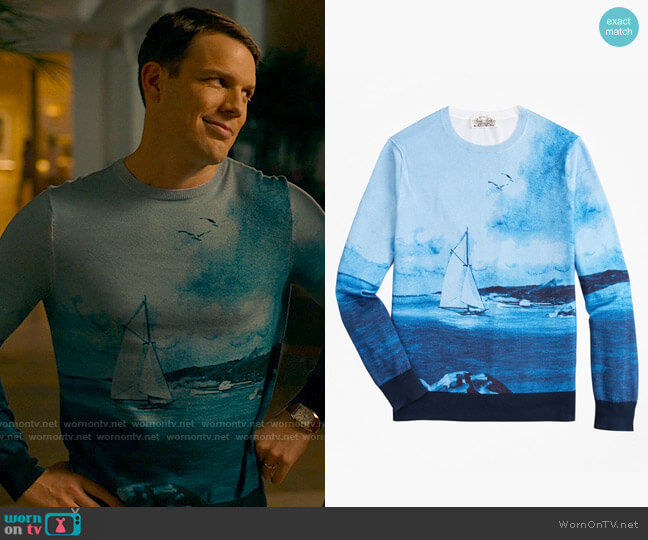 Brooks Brothers Supima® Cotton Ocean Motif Crewneck Sweater worn by Shane Patton (Jake Lacy) on The White Lotus