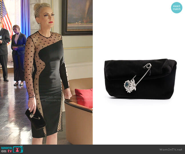 Burberry Safety Pin-Embellished Velvet Clutch worn by Alexis Carrington (Elaine Hendrix) on Dynasty