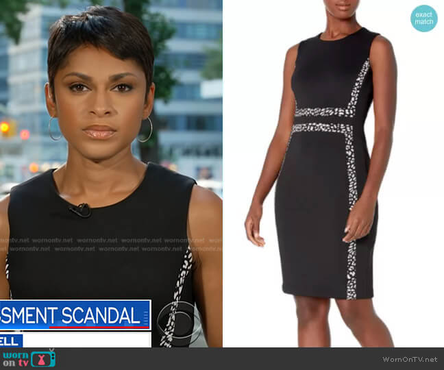 Calvin Klein Sleeveless Colorblock Sheath Dress in Black / Black / Cream worn by Jericka Duncan on CBS Evening News