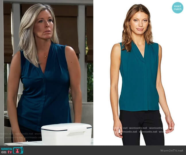 Calvin Klein Sleeveless Woven V-neck Top worn by Carly Spencer (Laura Wright) on General Hospital