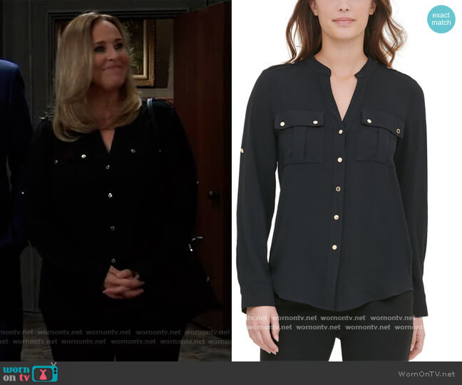 Calvin Klein Textured Roll-Tab Blouse worn by Laura Collins (Genie Francis) on General Hospital