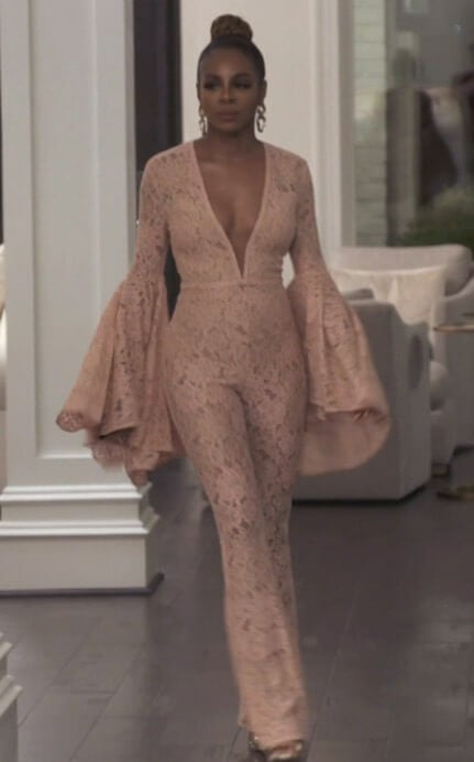 Candiace’s pink floral lace jumpsuit on The Real Housewives of Potomac