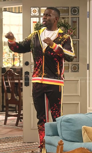 Daniel’s spray paint print hoodie and pants on Family Reunion