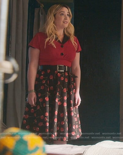 Davia’s black cherry print skirt on Good Trouble