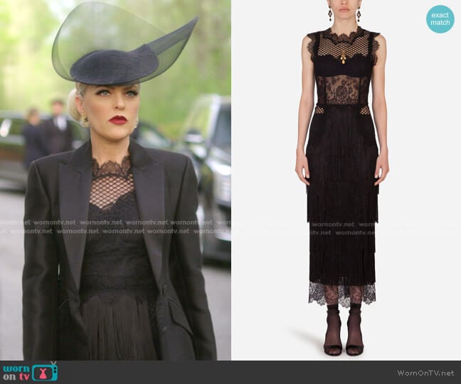 Dolce & Gabbana Lace Sheath Dress with Fringing worn by Alexis Carrington (Elaine Hendrix) on Dynasty