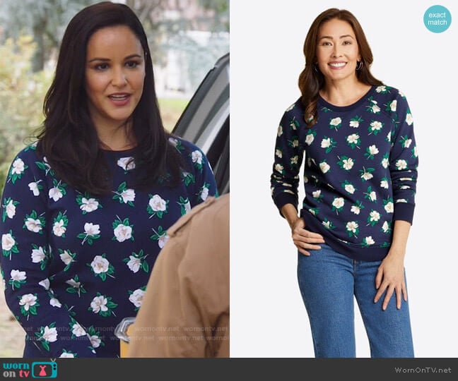 Draper James Natalie Sweatshirt in Magnolia worn by Amy Santiago (Melissa Fumero) on Brooklyn Nine-Nine