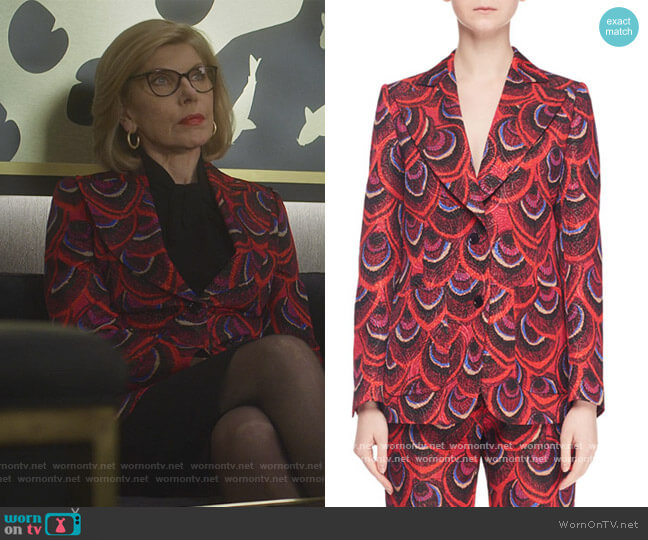 Dries Van Noten Single-Breasted Two-Button Peacock-Jacquard Blazer worn by Diane Lockhart (Christine Baranski) on The Good Fight