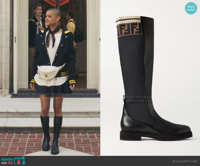 Fendi Logo-Jacquard Stretch-Knit and Leather Knee Boots worn by Julien Calloway (Jordan Alexander) on Gossip Girl