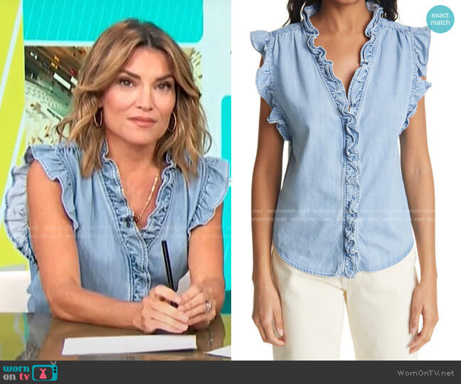 Frame Lauren Ruffle Trim Top worn by Kit Hoover on Access Hollywood