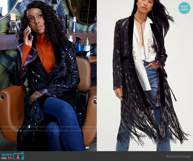 Free People Stardust Sequin Duster worn by Karen Mott (Ebony Obsidian) on Tyler Perrys Sistas