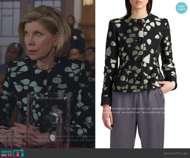 Giorgio Armani Peplum Silk Jacquard Jacket worn by Diane Lockhart (Christine Baranski) on The Good Fight