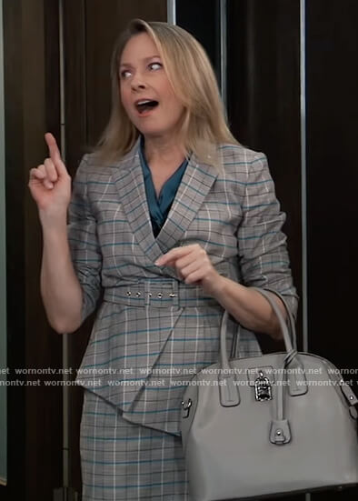 Gladys’s gray plaid belted blazer on General Hospital