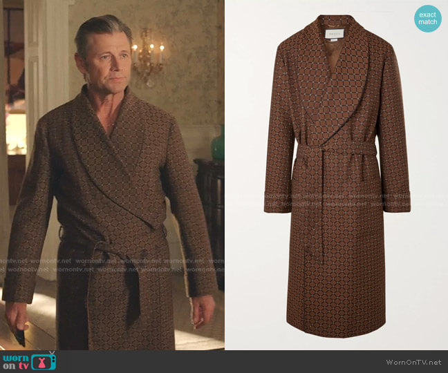 Gucci Shawl-Collar Belted Piped Logo-Jacquard Twill Coat