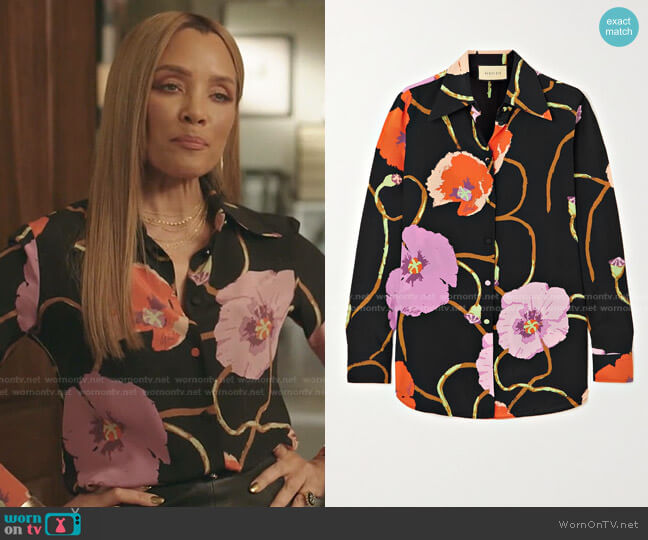Gucci + Ken Scott Floral-Print Silk Crepe de Chine Shirt worn by Dominique Deveraux (Michael Michele) on Dynasty