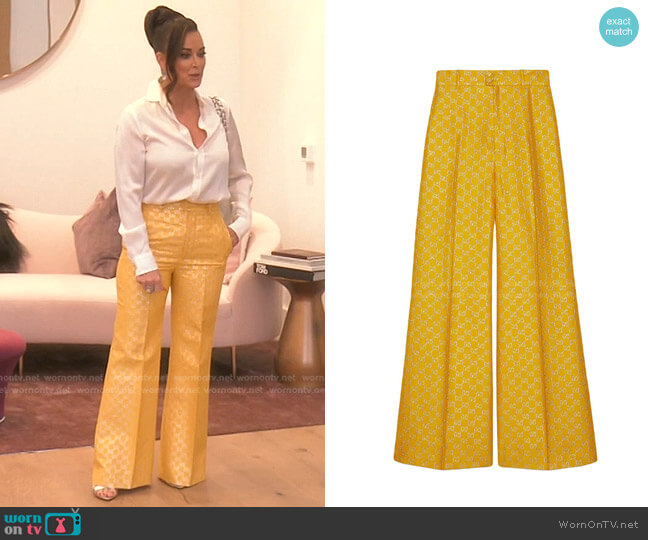 Gucci GG Lamé Wide Leg Trousers worn by Kyle Richards on The Real Housewives of Beverly Hills