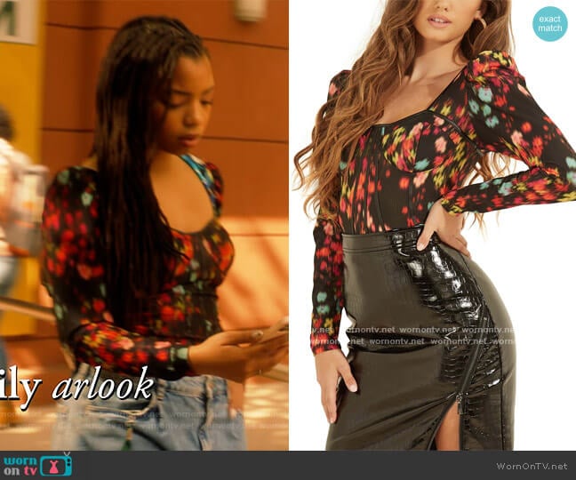 Guess Rachel Sweetheart-Neck Top worn by Jazlyn Forster (Chloe Bailey) on Grown-ish
