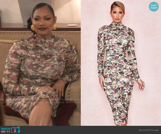 House of CB Roseanne Vintage Floral Ruched Midi Dress worn by Garcelle Beauvais on The Real Housewives of Beverly Hills
