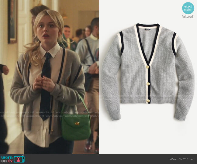 J. Crew Cashmere Waffle Knit Cardigan Sweater worn by Audrey Hope (Emily Alyn Lind) on Gossip Girl