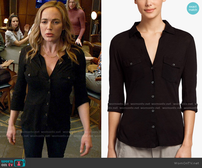 James Perse Sheer Slub Side Panel Shirt in Black worn by Sara Lance (Caity Lotz) on Legends of Tomorrow