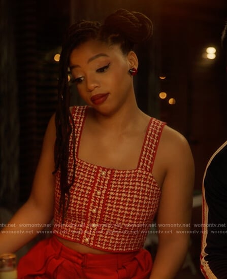 Jazlyn’s red tweed crop top on Grown-ish