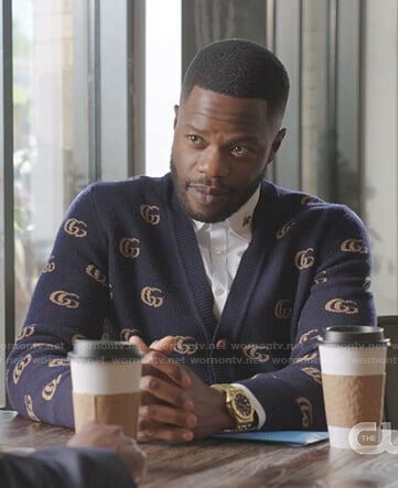 Jeff’s navy GG print cardigan on Dynasty