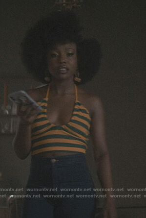Jemma’s orange stripe halter top on The Chi