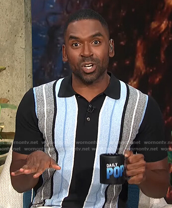 Justin’s black, grey and blue striped polo shirt on E! News Daily Pop