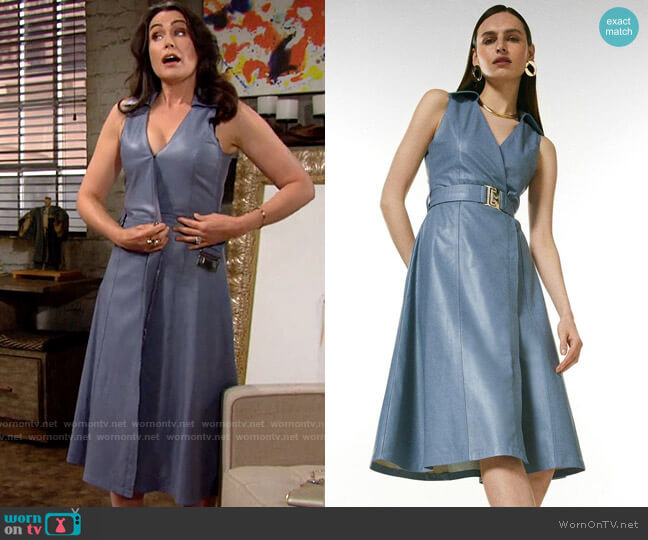 Karen Millen Leather Wrap Belted Dress in Pale Blue worn by Quinn Fuller (Rena Sofer) on The Bold and the Beautiful