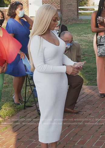 Karen’s white ribbed midi dress on The Real Housewives of Potomac