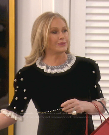Kathy’s black pearl embellished velvet dress on The Real Housewives of Beverly Hills