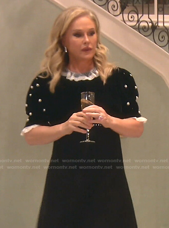 Kathy’s black pearl embellished velvet dress on The Real Housewives of Beverly Hills