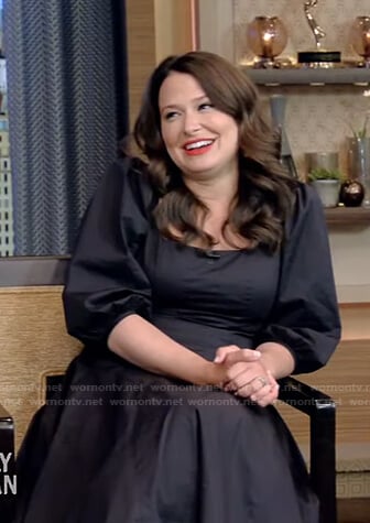 Katie Lowes’s black puff sleeve midi dress on Live with Kelly and Ryan