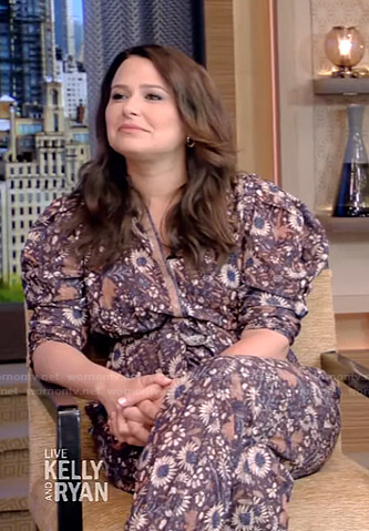 Katie Lowes’s floral puff sleeve jumpsuit on Live with Kelly and Ryan