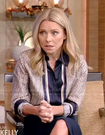 Kelly’s printed blouse with center stripe on Live with Kelly and Ryan