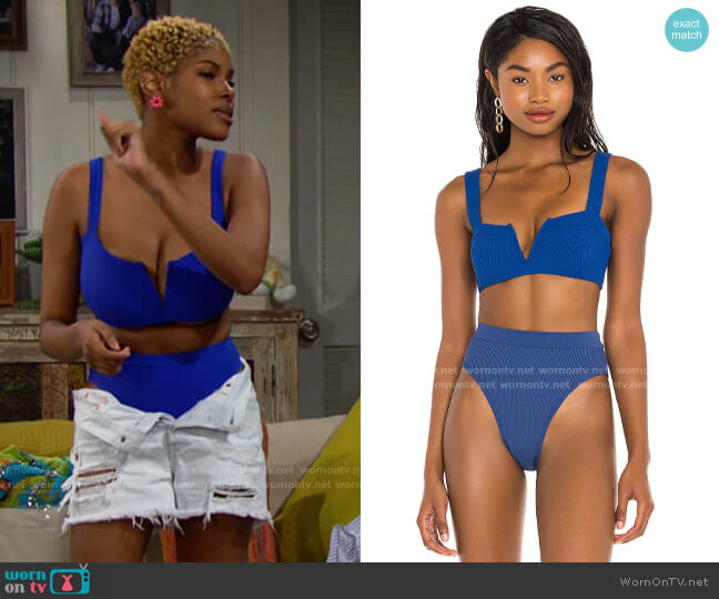 L*Space Lee Lee Bikini Top in Indigo worn by Paris Buckingham (Diamond White) on The Bold and the Beautiful