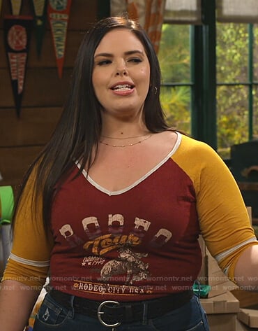 Lou’s yellow and burgundy Rodeo City USA print top on Bunkd