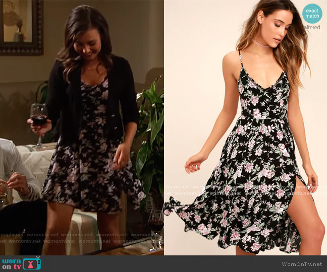 Lulus Esperanza Black Floral Print Midi Dress worn by Katie Thurston on The Bachelorette