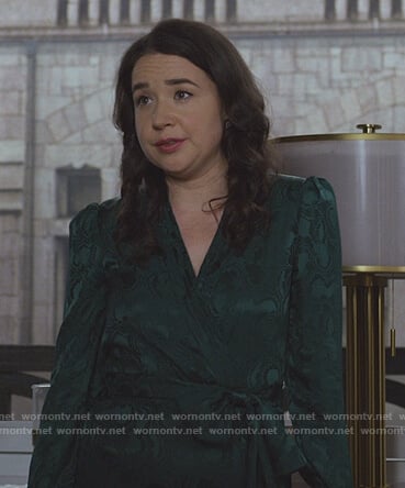 Marissa’s green satin paisley wrap dress on The Good Fight