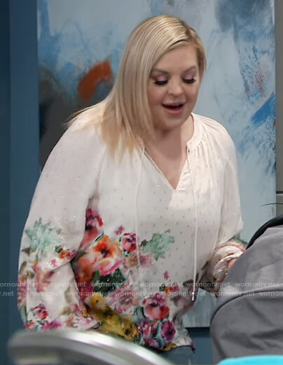 Maxie’s white floral metallic blouse on General Hospital