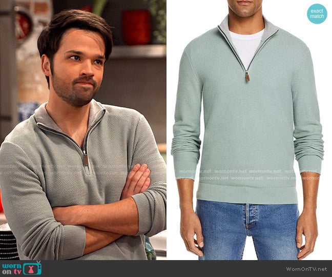 The Men's Store Tipped Textured Birdseye Half Zip Sweater in Slate Green worn by Freddie Benson (Nathan Kress) on iCarly