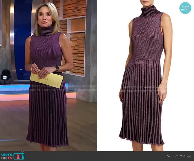 Milly Sleeveless Pleated Metallic Turtleneck Midi Dress worn by Amy Robach on Good Morning America