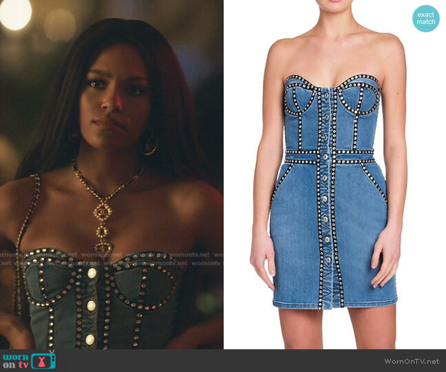 Moschino Strapless Studded Denim Sheath Dress worn by Monet de Haan (Savannah Lee Smith) on Gossip Girl