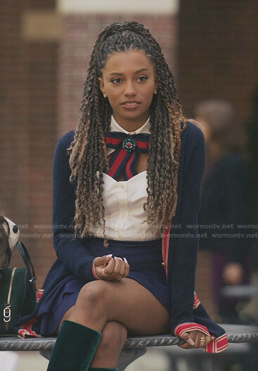 Monet’s white cutout blouse and navy contrast trim cardigan on Gossip Girl
