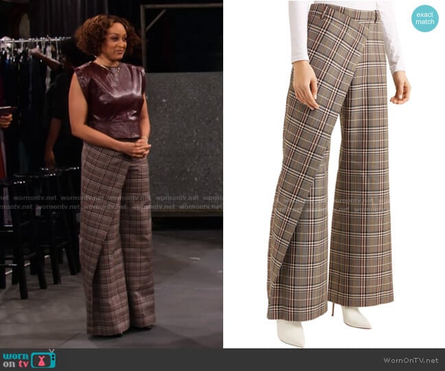 Monse Wrap-Effect Checked Wool-Blend Canvas wide-Leg Pants worn by Cocoa McKellan (Tia Mowry-Hardrict) on Family Reunion