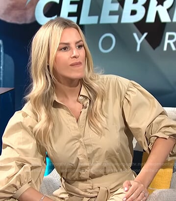 Morgan’s beige tie waist poplin jumpsuit on E! News Daily Pop