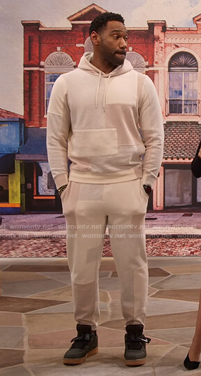 Moz’s ivory patchwork hoodie and sweatpants on Family Reunion