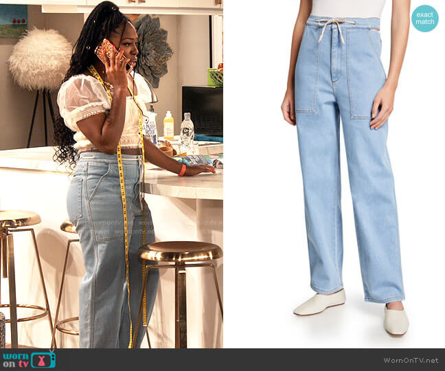 Nanushka Chace Barrel-Leg Denim Jeans worn by Harper (Laci Mosley) on iCarly