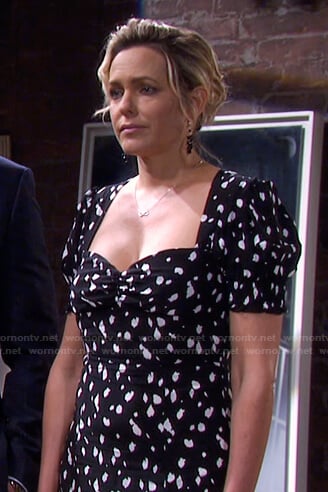Nicole’s black printed sweetheart dress on Days of our Lives